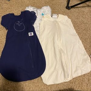 3 Sleep Swaddles/Sacks( Nested Bean weighted swaddle, love to dream swaddle up)